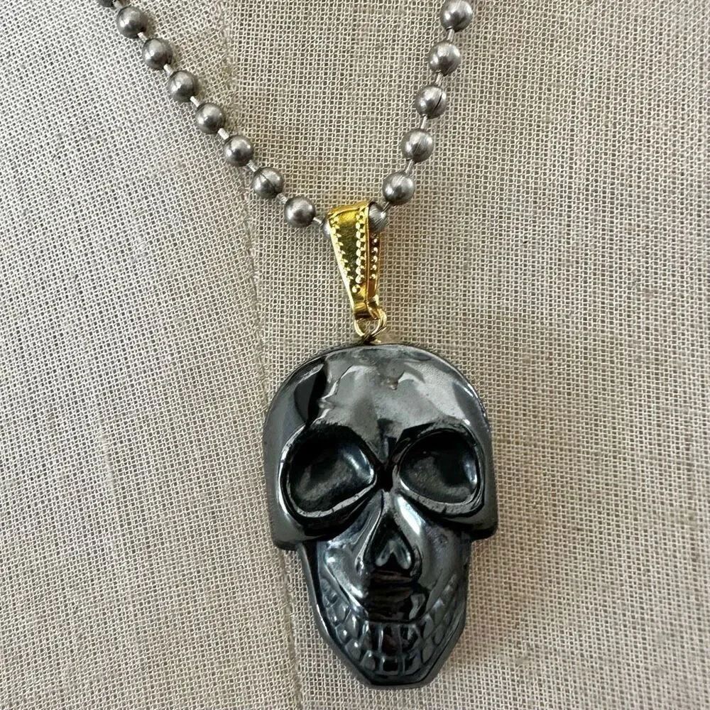Hematite skull pendant necklace